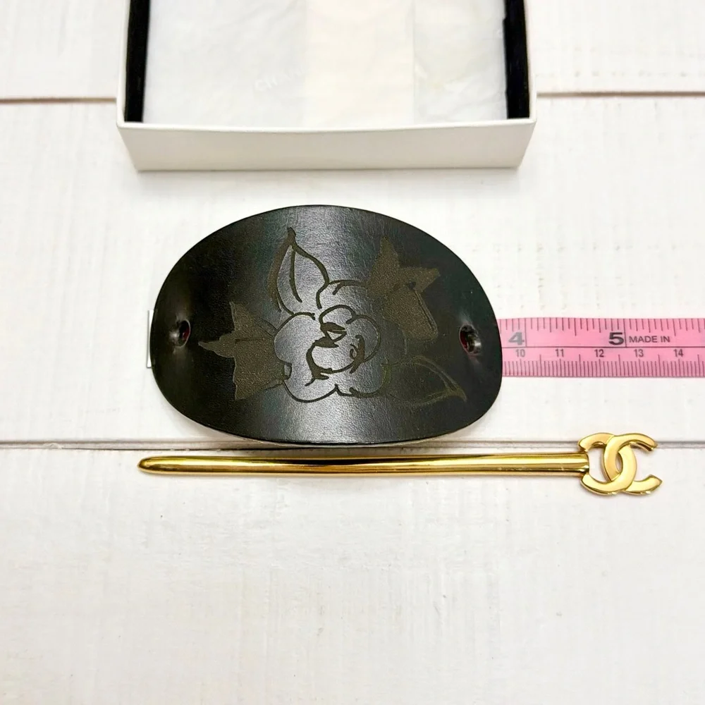 Chanel Black Leather Majeste Hair Stick Pin Camellia Flower CC Logo Gold